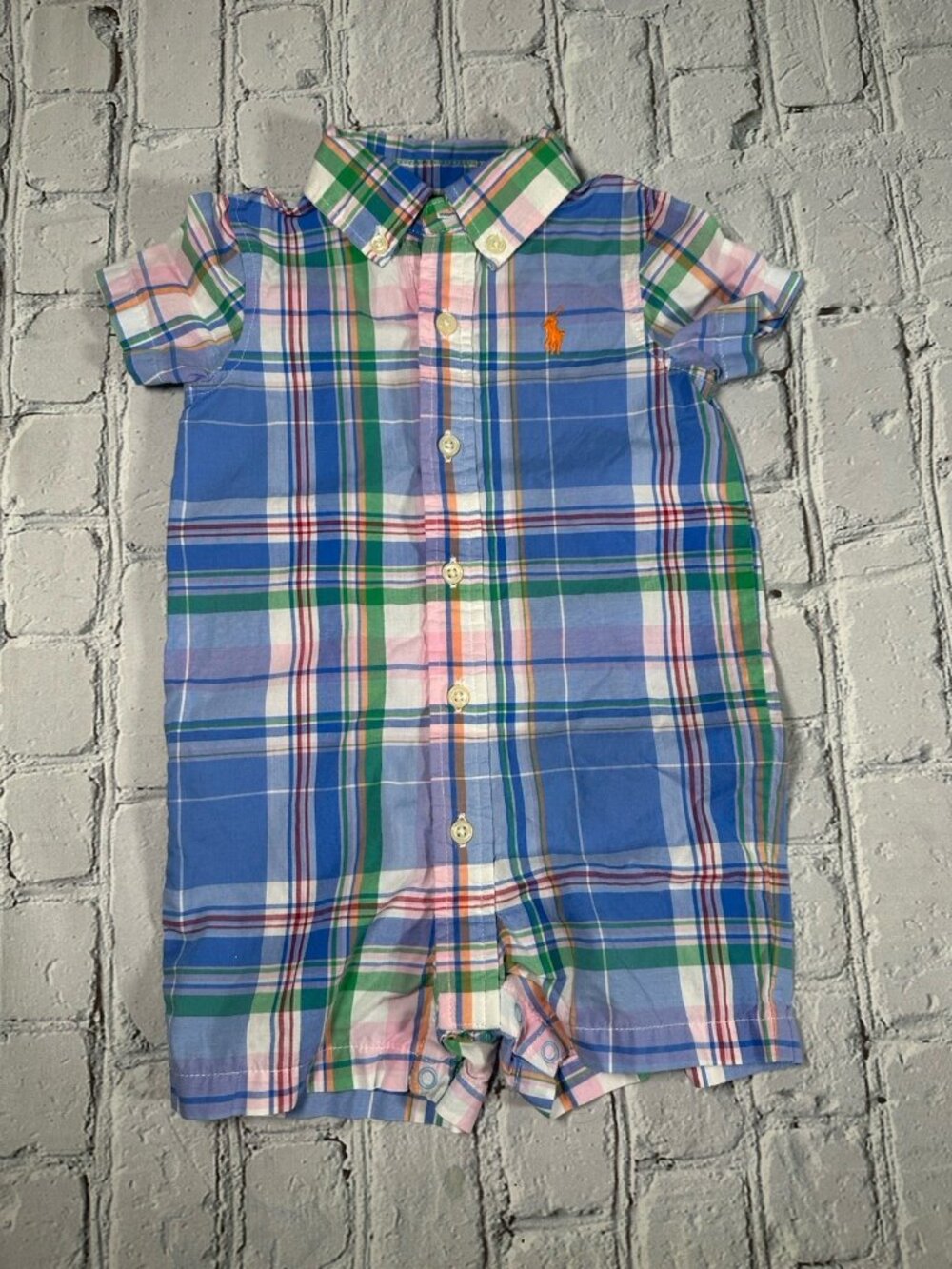 Ralph Lauren Baby Infant Boys Blue Plaid Cotton Romper One Piece 6 Months